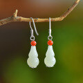 wholesale 925 Sterling Silver Inlaid with South Red Beads Gourd Hetian Jade Earrings for Women, New Chinese Ancient Style with Certificate-0-0