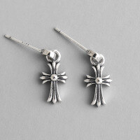 wholesale S925 Sterling Silver HED431 Korean Version Simple Vintage Retro Cross Flower Ear Stud Earrings for Women Students-Vintage Silver [with Sterling Silver Earrings] 925 Silver