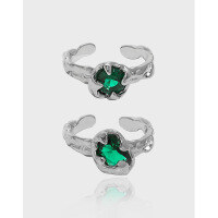 wholesale S925 Sterling Silver Korean Version Ins Niche Design Irregular Micro-Set Zircon Texture Textured Open Adjustable Ring for Women-JLB0036【Green Stone】 Opening adjustable