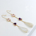 wholesale 925 Silver Gold-Plated Ancient Style Long Earrings with Natural Mother-of-Pearl and Crystal for Women-0-4