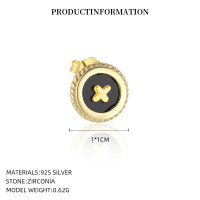 wholesale S925 Sterling Silver Round Vintage Button Earrings with Inlaid White Shell, Luxury Advanced Style, Cross-Border Wholesale-YE0206_Black Agate_18K Yellow Plated_Pair_With Small Flower Ear Caps 925 Silver