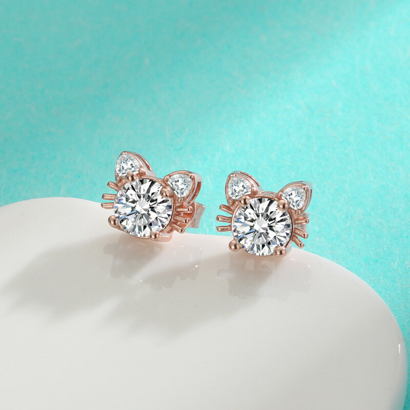 925 Sterling Silver Cat Stud Earrings, with Cubic Zirconia