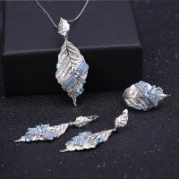wholesale S925 Silver Designer Autumn Leaf Dragonfly Rare Jewelry Set with Natural Colored Gemstones Ring Earrings Pendant-Swiss Blue Topaz Ring