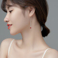 wholesale S925 silver heart-shaped long drop earrings, Korean-style minimalist red diamond love ear thread earrings E6178-0-2