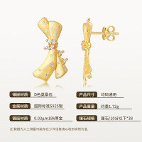 925 Silver Gold Plated Moissanite Small Dress Earrings with Bow-Type B / Stone / 36 pieces of moissanite (under 10 points) / S925 sterling silver & brushed gold (pair)