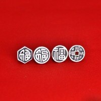 wholesale 925 Sterling Silver Chinese Style Fortune Character "Fu" Attract Wealth and Prosperity Button Bracelet Red Cord DIY Handmade Braided Bracelet Accessories Button Fittings-Hexagonal "Fu" Button Type B