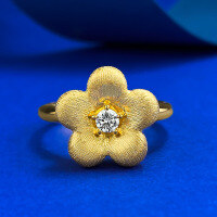 wholesale S925 gold-plated metal with vintage gold wire drawing and diamond-accented small floral ring-R1263 Gold Brushed Small Golden Flower Ring Size 6