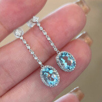 wholesale S925 Sterling Silver Red Elk Oval Aqua Zircon Exquisite Ear Drops, Lively and Elegant Ear Thread Earrings, Versatile for Commuting and Women's Daily Wear-BE0010-Platinum 925 Silver