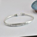 wholesale 999 Silver Ethnic Style Hand-Engraved Cherry Blossom Open Bangle for Women, Solid Vintage Matte Bohemian Student Bracelet-0-5