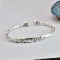 wholesale 999 Silver Ethnic Style Hand-Engraved Cherry Blossom Open Bangle for Women, Solid Vintage Matte Bohemian Student Bracelet-One bracelet (1000209) Pure silver