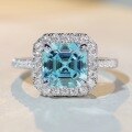 wholesale S925 Sterling Silver Square Full-Drill Ring for Women with Aquamarine High-Carbon Zirconia Pagoda Cut-0-3