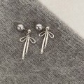 wholesale Sterling Silver S925 Gray Pearl Back Bow Ear Studs Simple Sweet Elegant Long Two-Way Earrings-0-2