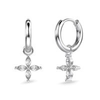 wholesale S925 Sterling Silver Korean New Arrival Earrings for Women, Minimalist Marquise Cut Stone Embellished Four-Leaf Clover Design, Light Luxury Floral Ear Accessories-Platinum DY110332-SW-WH 925 Silver