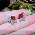 wholesale 925 Silver New Jewelry High-end Heart-shaped Pigeon Blood Red Earrings Women Small Niche Design Light Luxury Ins-0-0