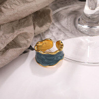 wholesale S925 Sterling Silver Ins Pearl White Drip Glaze Ring, Women's Minimalist Retro Adjustable Finger Cross-border Supply-K109K-Gold-plated blue Adjustable opening