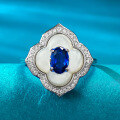 wholesale S925 silver ring with white mother-of-pearl inlay and 4*6mm royal blue, fashionable, delicate, vintage-style, elegant, live-streaming collection-0-5