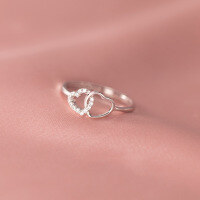 wholesale S925 silver Na Lan Korean-style diamond-inlaid double heart hollow-out ring sweet temperament girlish heart jewelry R00408-S925 silver ring gold opening adjustable