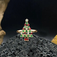 wholesale S925 sterling silver minimalist unique design Christmas tree ring gift band tail ring versatile daily wear-BZ0409-Gold>Adjustable opening
