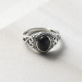 wholesale Sterling Silver S925, Thai Silver Ellipse Black Agate Ring, Vintage Adjustable Open-Ended Antique Style Fashion Hand Jewelry R00982-0-3
