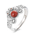 wholesale S925 Sterling Silver Double Koi Fish Coin Inlaid with Southern Red Agate Ring Ethnic Style Index Finger Ring-0-5