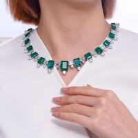 wholesale 925 Silver Luxury Banquet Set Simulated Emerald 12*16mm Full Diamond Evening Dress High-End Custom Jewelry Necklace-Simulated Emerald 925 Silver