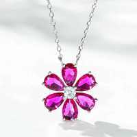 Sterling Silver Necklace with Flower Pendant and Zircon Chain-Six-flower rose red necklace  925 silver