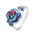 wholesale S925 sterling silver retro matte ethnic style resin color-mixed rose open ring elegant finger ring-0-4