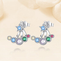 wholesale S925 Sterling Silver Sweet Colorful Zircon Star Earrings For Women, Small Niche Design With A Sense Of High-end Inlaid Zircon Studs-E5441_Hailan Zirconium/Golden Gold/Blue/Green Nano/Red Corundum 5#_Platinum Plated_With Silver Ear Caps 925 Silver