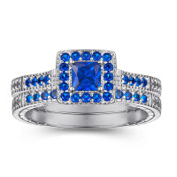 wholesale 925 Sterling Silver Fashion Square Zirconia Two-in-One Set Ring for Women, Cross-Border Bestseller-Sapphire Model US Size 6#