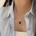 wholesale S925 Sterling Silver Geometric Oval Black Onyx Necklace Women's New Korean Style High-End Sense Collarbone Chain Trendy-0-3