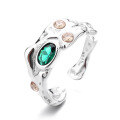 wholesale S925 Sterling Silver Retro Creative Green Zirconia Unique Statement Punk-Style Open Ring-0-4