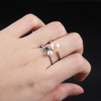 wholesale S925 Sterling Silver Natural Freshwater Pearl Adjustable Open Ring for Women, Fashionable and Elegant Gemstone Ring-Natural freshwater pearls + green agate  Adjustable opening