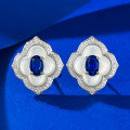 wholesale S925 Sterling Silver New Jewelry Simple 4*6 Simulated Sapphire Oval Earrings Fashion Vintage Elegance-0-5