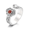 wholesale S925 sterling silver retro-style ethnic-inspired open ring with auspicious lotus design inlaid with southern red agate-0-5