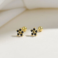 wholesale S925 Silver Korean Japanese Ins Style Flower Colored Zirconium Screw Ear Cartilage Studs Wholesale-Gold Black Diamond Screw Model
