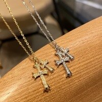 wholesale S925 Sterling Silver Maker's Double Cross Diamond Inlaid Necklace for Women, Fashionable, Unique, Minimalist, and Versatile Collarbone Jewelry-Double Cross Necklace - Yellow Gold &gt; 925 Silver