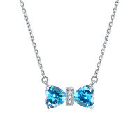 wholesale 925 Sterling Silver Double Heart Shaped Lucky Stone Zircon Pendant Bow Necklace for Women Small Collarbone Chain Ins Wholesale-Sea Blue [March]>925 Silver