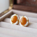 wholesale S925 Silver Vintage Natural Old Beeswax White Mother-of-Pearl Earrings Amber Beeswax Mustard Yellow White Shell Ear Accessories-0-0