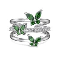 wholesale S925 Sterling Silver New Korean Style Open Adjustable Ring for Women, Surrounding Butterfly Zirconia Inlaid Hollow Stackable Ring for Wholesale-White gold green diamond DY120965-SW-WG Adjustable opening