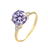 wholesale S925 Sterling Gold Plated Four-Prong Three-Stone Moissanite Ring, Luxurious and Exquisite High-End Women's Ring-3 carat (purple moissanite) ring size 7