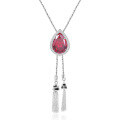 wholesale 925 Sterling Silver Exotic Style Necklace with Large Carat Red and Blue Gemstones, Crystal Pendant, and Tassel Teardrop Gemstone Pendant-0-0