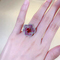 wholesale S925 Silver Pigeon Blood Red Flower Ring with Rose Petals, Fashionable and Versatile Luxury Setting, New Release-0-3