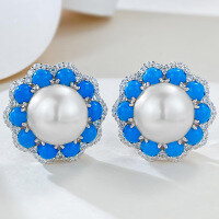 wholesale 925 silver new jewelry blue turquoise inlaid 12mm pearl ear studs fashionable elegant ear clips-E339 Custom 20 pairs of blue turquoise pearl earrings>925 silver