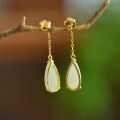 wholesale 925 silver with certificate new Chinese antique style jade earrings, Hetian jade ear accessories, plum blossom water-drop jade long earrings-0-1