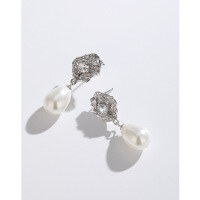 wholesale 925 Sterling Silver Pearl Earrings for Women, Light Luxury High-End French Retro Niche Design Floral Bud Ear Studs Long Drop Earrings-Shell Pearl Earrings-with Plastic Earplugs 925 Silver