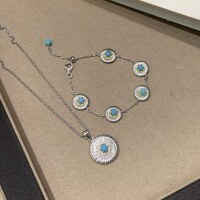 wholesale S925 Sterling Silver Bubufeng Turquoise Daisy Pendant Necklace Bracelet Set, Small and Luxury Vintage Style Jewelry-Necklace 925 Silver