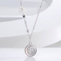 wholesale S925 Sterling Silver Chinese Style Mother-of-Pearl Fu Character Pendant Necklace, National Trend Niche Premium Design Collarbone Chain-Fu Brand Round Shell Necklace 925 Silver