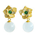 wholesale Gold-plated 925 Sterling Silver Flower with Inlaid Jade Ear Studs, Retro-style Elegant Hetian Jade Earrings-0-4