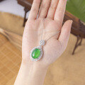wholesale [925 Sterling Silver] Green Chrysoprase Cabochon Pendant Necklace for Women, New Chinese Style Minimalist Elegant Unique Collarbone Chain Gift-0-2