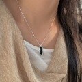 wholesale S925 Sterling Silver Geometric Oval Black Onyx Necklace Women's New Korean Style High-End Sense Collarbone Chain Trendy-0-0